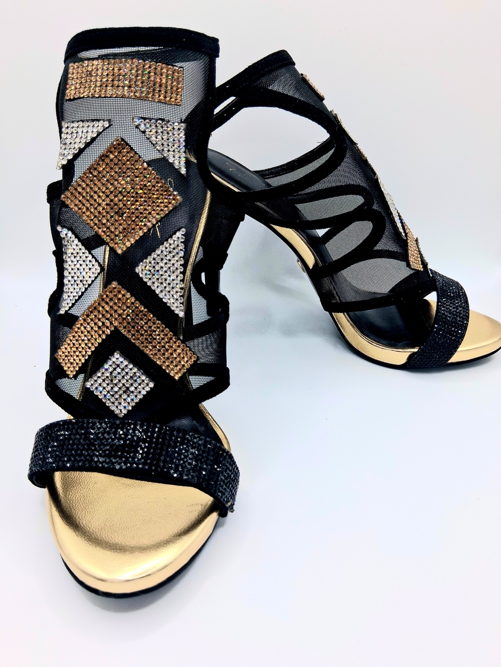Thalia Sodi Womens Gold Black Stones Crystals Heel Sandals 7 Stellito